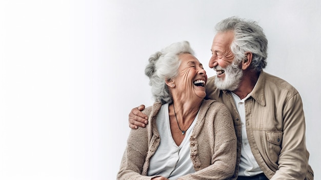 Um casal de avós sorrindo felizes.