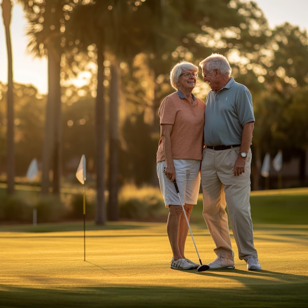 Um casal de cabelos grisalhos sorrindo de pé no campo de golfe ao pôr do sol