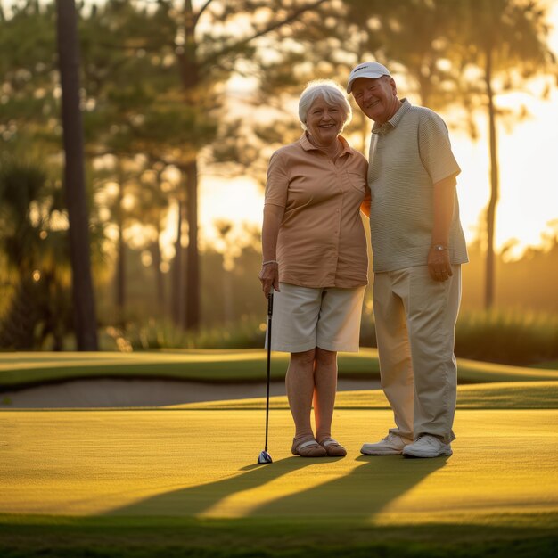 Um casal de cabelos grisalhos sorrindo de pé no campo de golfe ao pôr do sol