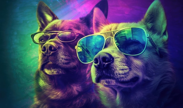 Um casal de cachorros usando óculos escuros um em cima do outro imagem generativa de IA