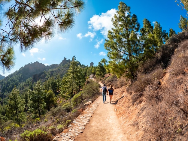 Foto um casal de caminhantes na trilha até roque nublo, em gran canária, ilhas canárias