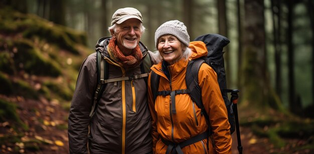 Um casal de caminhantes sorrindo para a câmera enquanto estão no topo da montanha