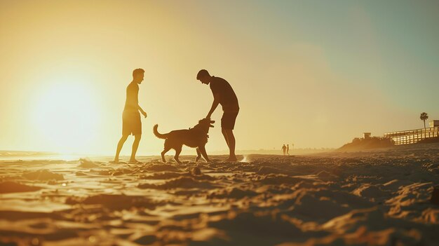 Um casal de caras a brincar com o cão na praia.