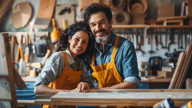 Um casal de carpinteiros sorrindo juntos em sua oficina. Ambos estão usando avental e parecem felizes e orgulhosos de seu trabalho.