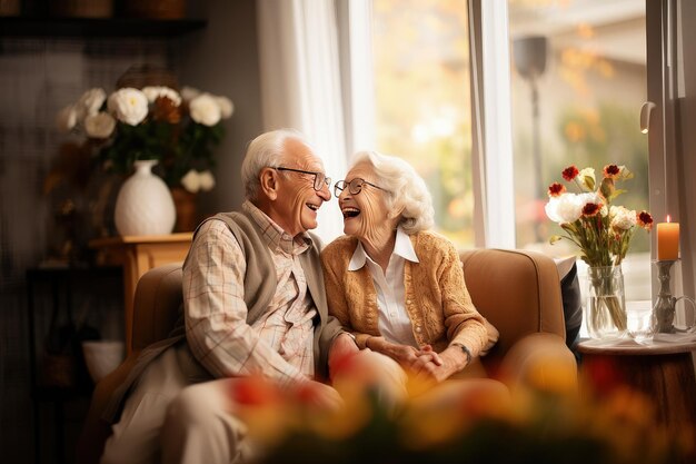 Um casal de casados felizes a falar, a rir, a sentar-se juntos a abraçar-se.