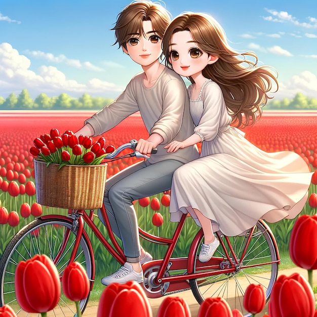um casal de ciclistas juntos através de um campo de tulipas vermelhas sob um céu ensolarado