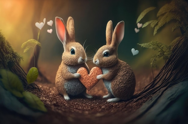 Um casal de coelhos segurando um coração em uma floresta
