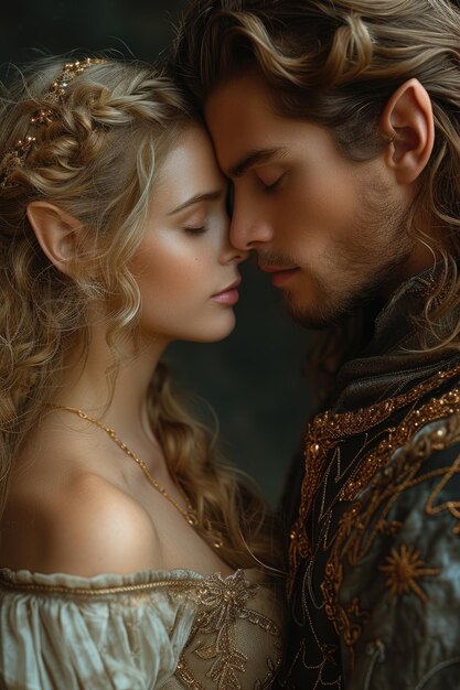Um casal de elfos loiros compartilha um momento profundamente íntimo perfeito para uma capa de romance de fantasia