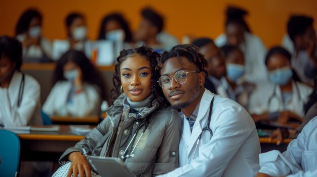 Um casal de estudantes de medicina juntos em uma sala de aula