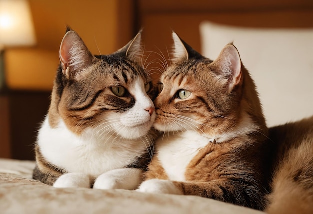 Foto um casal de gatos aconchegados a beijar-se