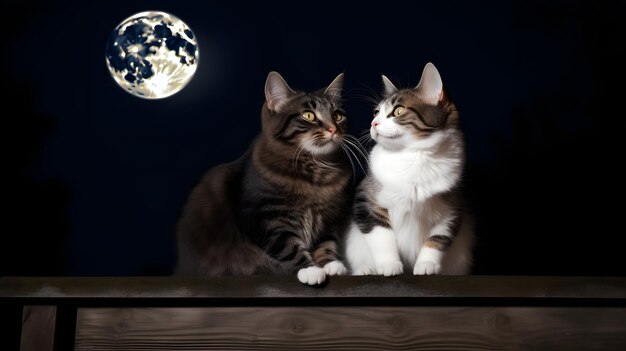 Um casal de gatos adoráveis sentados na cerca em frente à lua cheia noite céu rede neural gerada imagem