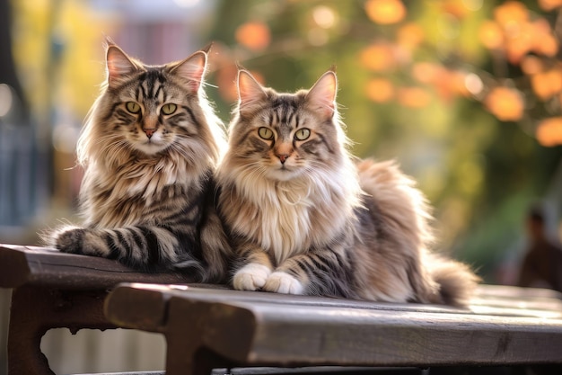 Foto um casal de gatos em um banco de parque tecnologia de ia generativa