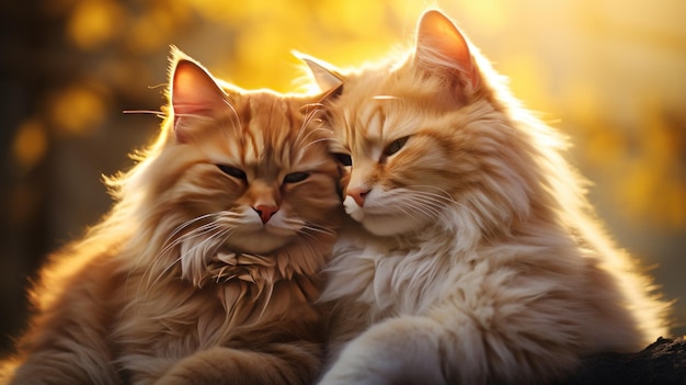 Um casal de gatos ruivos estão abraçados num dia ensolarado Vamos abraçar uma bandeira