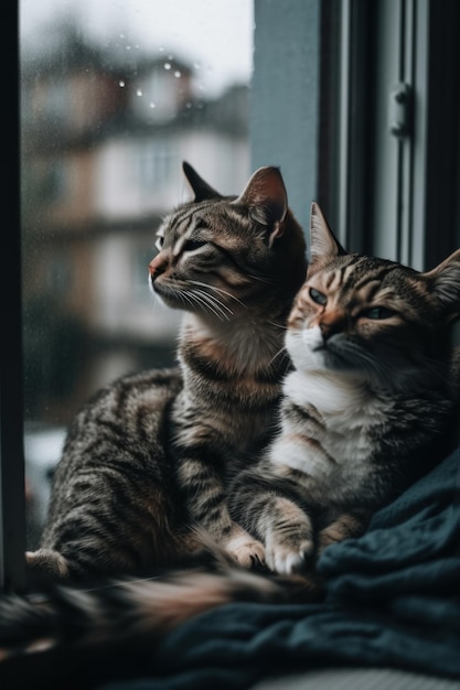 Um casal de gatos sentados em cima do parapeito de uma janela Imagem generativa de IA