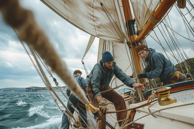 Foto um casal de homens de pé no topo de um barco