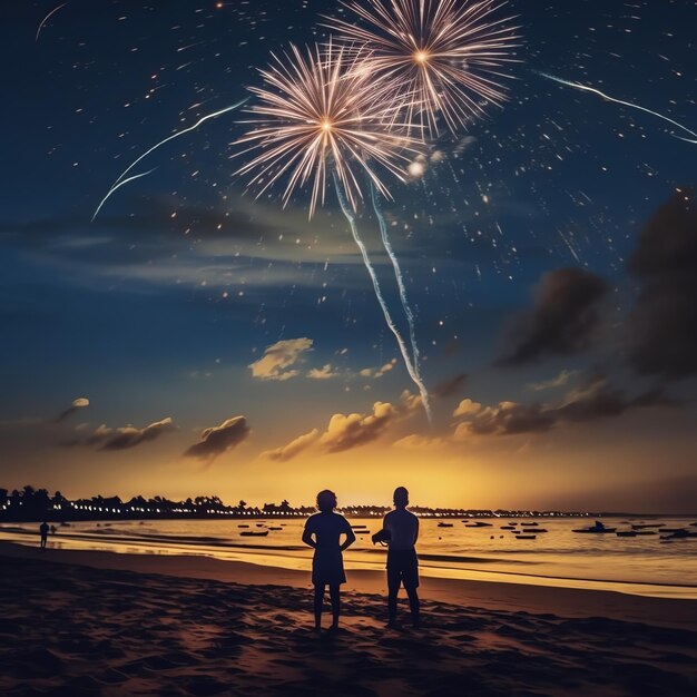 Um casal de homens e mulheres assistindo fogos de artifício coloridos na praia para comemorar o feriado ou feliz ano novo