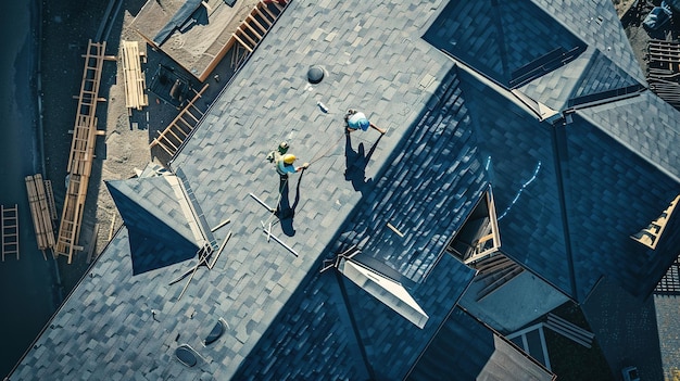 um casal de homens estão de pé em um telhado com um telhado que diz a palavra sobre ele