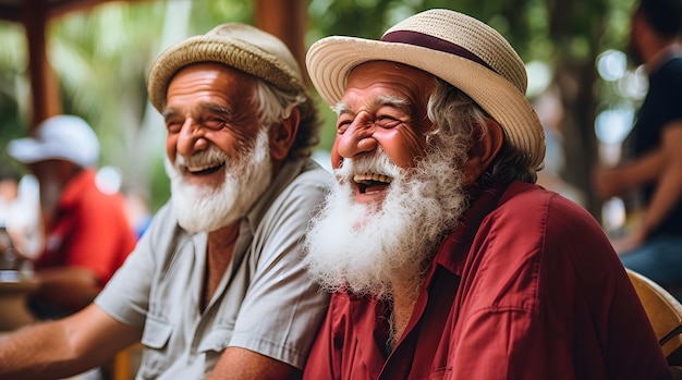 Um casal de homens idosos a fazer uma viagem de férias num lugar tropical a sorrir e a divertir-se