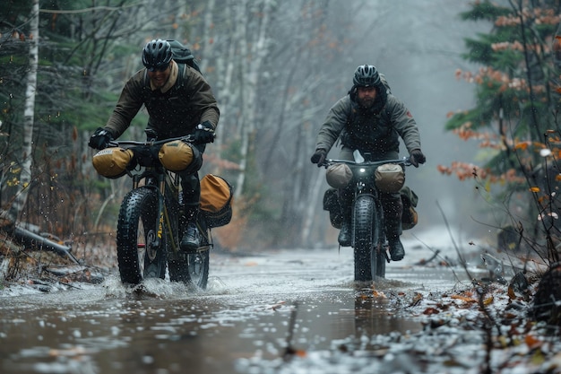 Um casal de homens montando motocicletas através de uma floresta