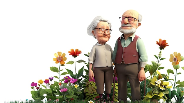 Foto um casal de homens velhos de pé em um jardim com flores e um homem usando óculos