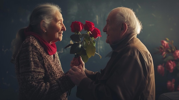 Um casal de idosos a beijar-se no vaso de flores.