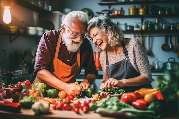 Um casal de idosos a cozinhar.