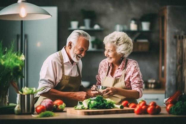 Um casal de idosos a cozinhar.