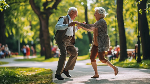 Um casal de idosos a dançar no parque.