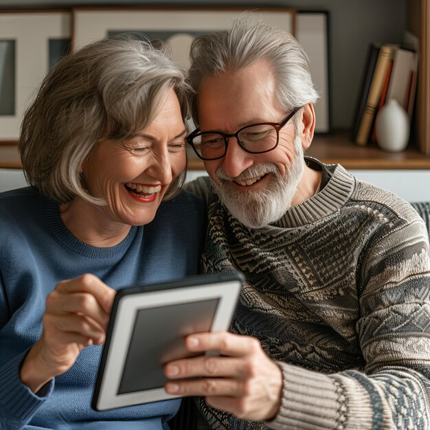 Foto um casal de idosos a rir-se a desfrutar de um tablet digital em casa