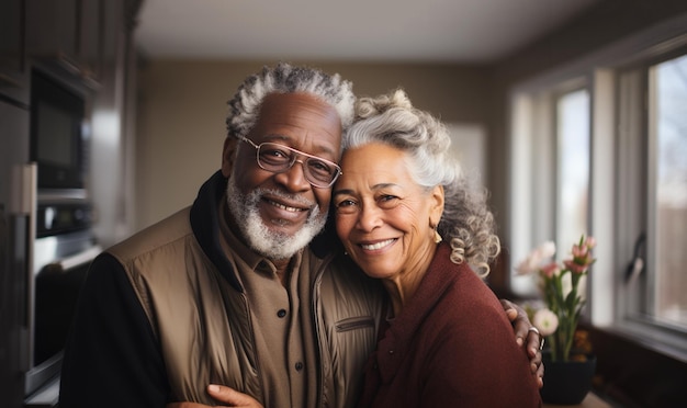 Um casal de idosos afro-americanos a abraçar-se. Um casal feliz de idosos africanos-americanos a abrazar-se.