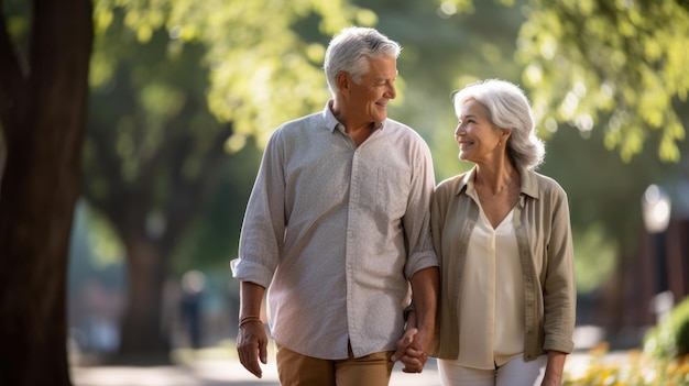 Um casal de idosos alegre caminha juntos em um parque sorrindo e de mãos dadas com o sol brilhando entre as árvores circundantes