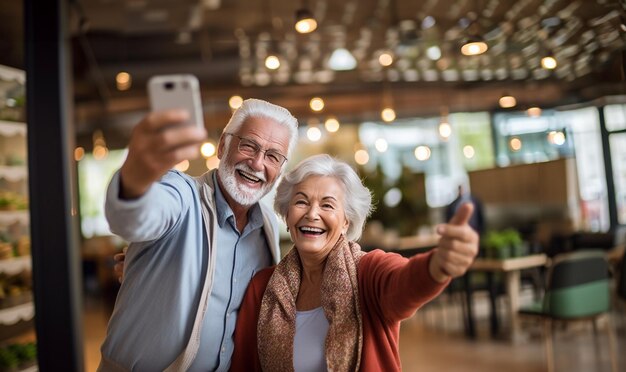 Foto um casal de idosos alegre tirando uma selfie com um smartphone moderno enquanto está de pé na rua.