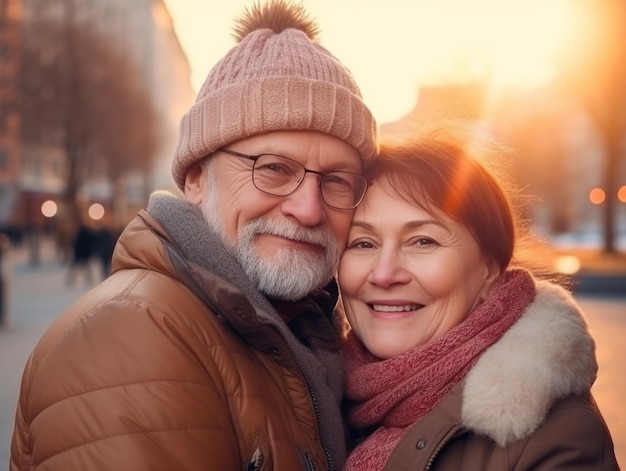 Um casal de idosos apaixonados está a desfrutar de um dia de inverno romântico.