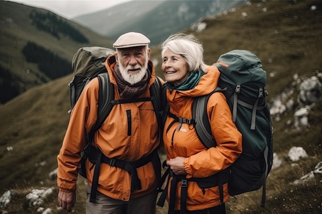 Um casal de idosos ativo e feliz caminhando nas montanhas O conceito de uma velhice satisfatória, cheia de aventura e alegria IA generativa