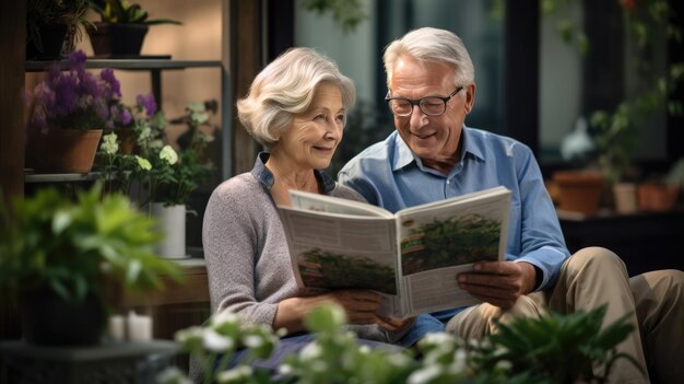 Um casal de idosos compartilhando um momento de alegria enquanto leem um jornal juntos