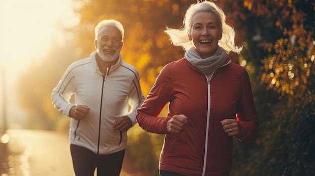 Foto um casal de idosos correndo casal feliz de idosos correndo pela manhã generative ai