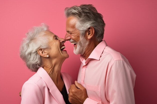 Foto um casal de idosos dançando alegremente e olhando um para o outro de felicidade no fundo estilo bokeh