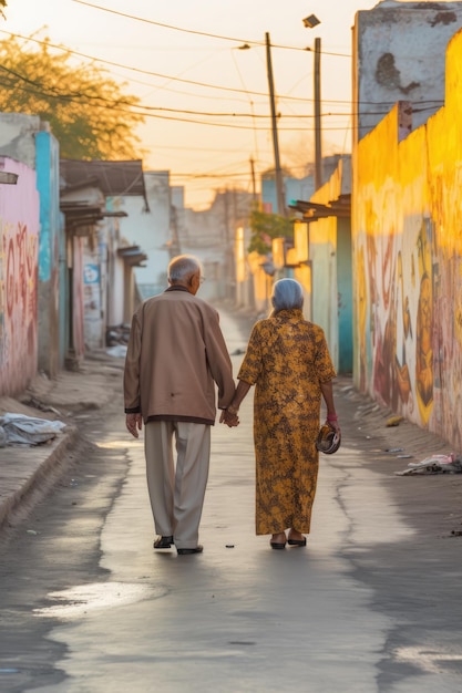 Um casal de idosos de mãos dadas caminha por uma rua da cidade