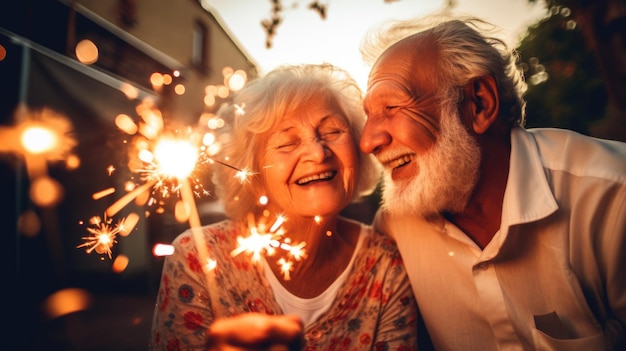 Foto um casal de idosos e uma mulher segurando faíscas em suas mãos