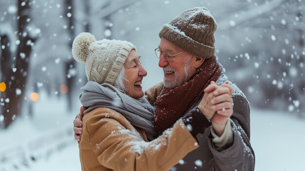 Um casal de idosos elegantes profundamente apaixonados dançando na nevasca os seus sorrisos brilhando de alegria e amor