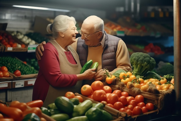 Um casal de idosos em um mercado com legumes