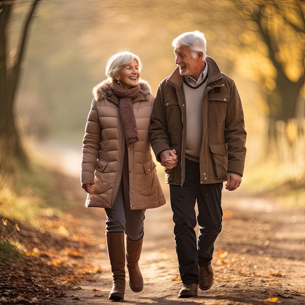 Um casal de idosos em uma caminhada pela natureza mantendo-se ativo para seu bem-estar