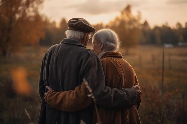 Um casal de idosos está caminhando em um campo