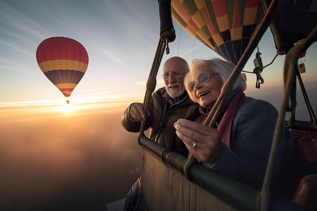 Um casal de idosos está se divertindo muito em um balão no céu ao pôr do sol generativo ai