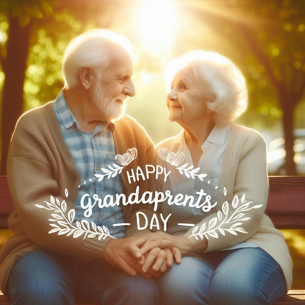 Foto um casal de idosos está sentado em um banco e as palavras feliz dia dos avós