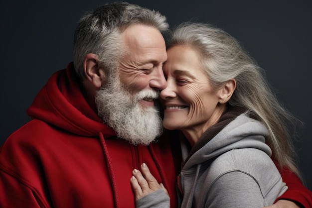 Um casal de idosos está sorrindo um para o outro