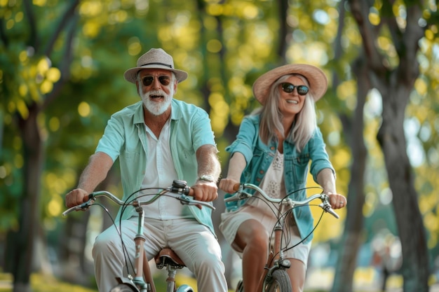 Um casal de idosos feliz a desfrutar de um estilo de vida ativo a andar de bicicleta no parque