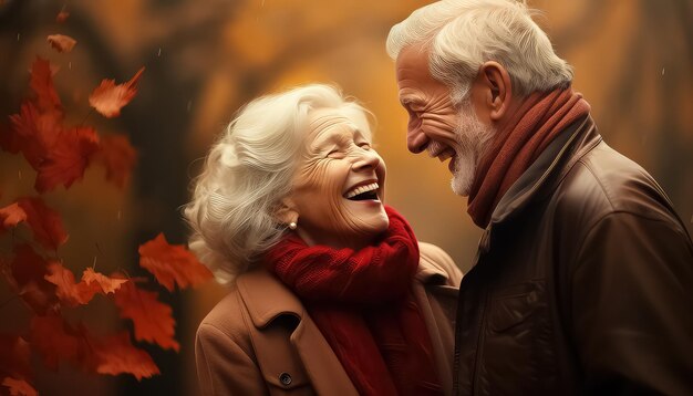 Um casal de idosos feliz a relaxar no parque de outono.