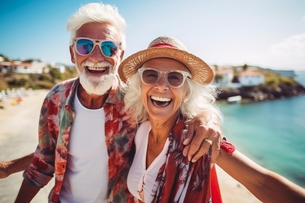 Um casal de idosos feliz a viajar.