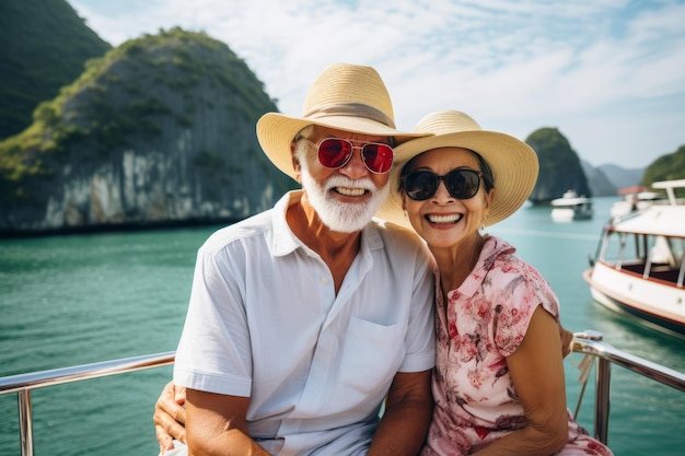 Um casal de idosos feliz a viajar.